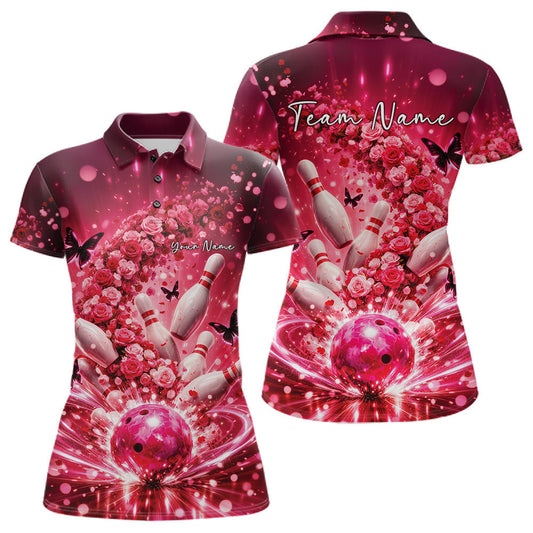 Custom Pink Roses And Butterfly Women Bowling Shirt, Flower Ladies Bowling Jerseys LM1203