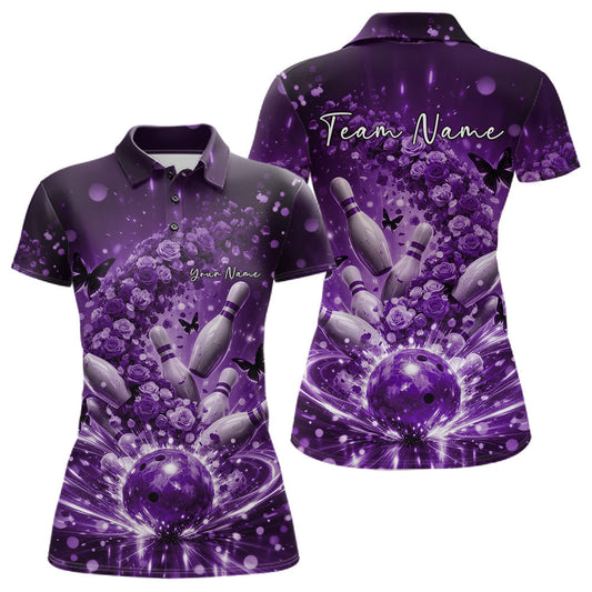 Custom Purple Roses And Butterfly Women Bowling Shirt, Flower Ladies Bowling Jerseys LM1203