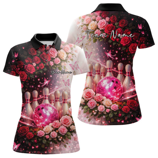 Custom Dreamy Pink Roses And Butterfly Women Bowling Polo Shirt, Ladies Bowling Shirt LM1203