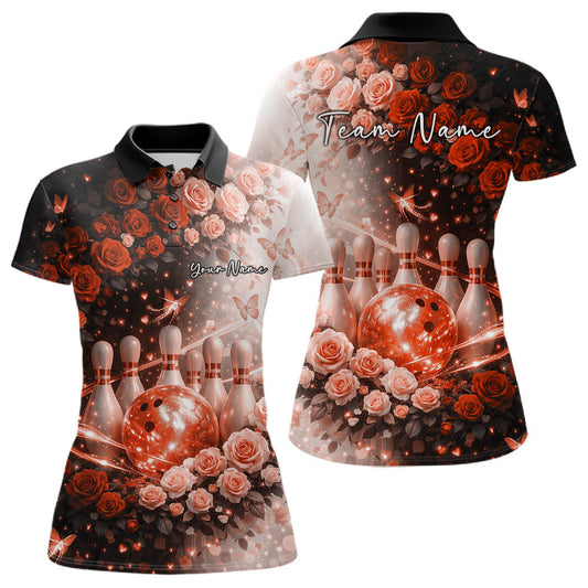 Custom Dreamy Orange Roses And Butterfly Women Bowling Polo Shirt, Ladies Bowling Shirt LM1203