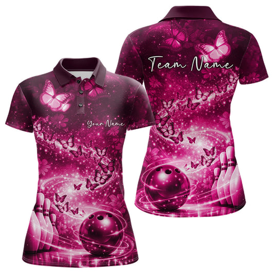 Custom Elegant Pink Butterfly Women Bowling Shirt, Ladies Bowling Team Outfit LM1203