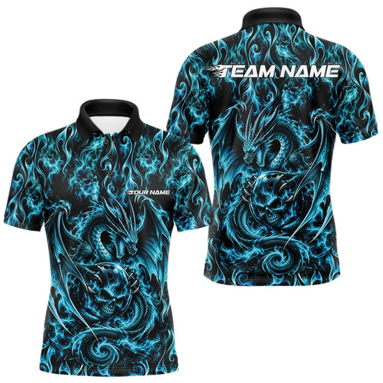 Maxcorners Blue Flame Dragon With Skull Bowling Ball Custom Bowling Men Polo Shirt Bowling Jersey