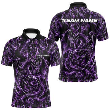 Maxcorners Purple Flame Dragon With Skull Bowling Ball Custom Bowling Men Polo Shirt Bowling Jersey