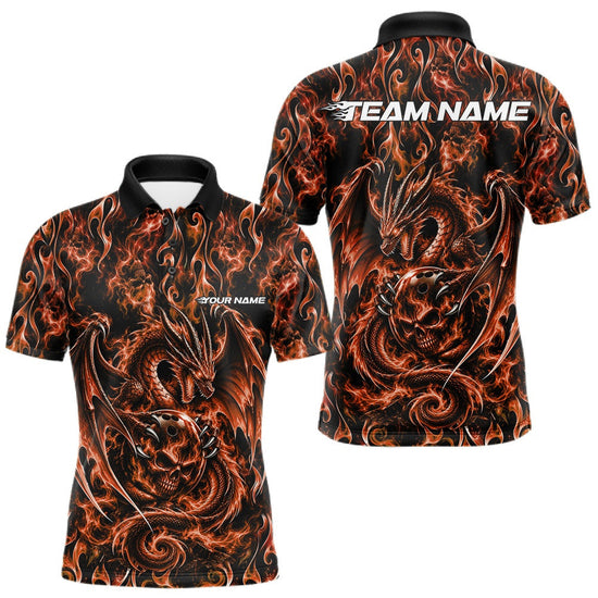 Maxcorners Orange Flame Dragon With Skull Bowling Ball Custom Bowling Men Polo Shirt Bowling Jersey