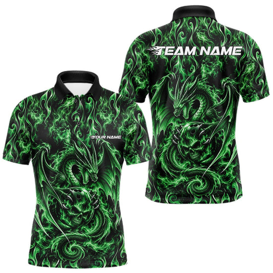 Maxcorners Green Flame Dragon With Skull Bowling Ball Custom Bowling Men Polo Shirt Bowling Jersey