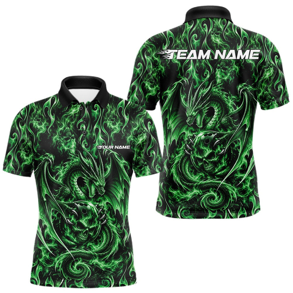 Maxcorners Green Flame Dragon With Skull Bowling Ball Custom Bowling Men Polo Shirt Bowling Jersey