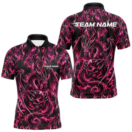Maxcorners Pink Flame Dragon With Skull Bowling Ball Custom Bowling Men Polo Shirt Bowling Jersey