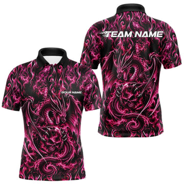 Maxcorners Pink Flame Dragon With Skull Bowling Ball Custom Bowling Men Polo Shirt Bowling Jersey