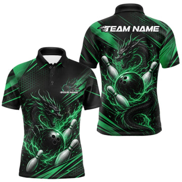 Maxcorners Custom Black And Green Flame Dragon Bowling Jersey, Dragon Bowling Men Polo Shirt LM1508
