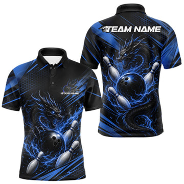 Maxcorners Custom Black And Blue Flame Dragon Bowling Jersey, Dragon Bowling Men Polo Shirt LM1508