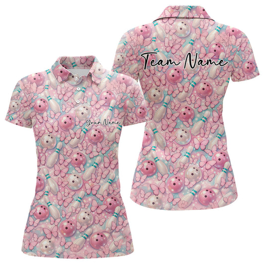Custom Pastel Blue And Pink Butterfly Bowling Women Polo Shirt, Ladies Outfit LM1203