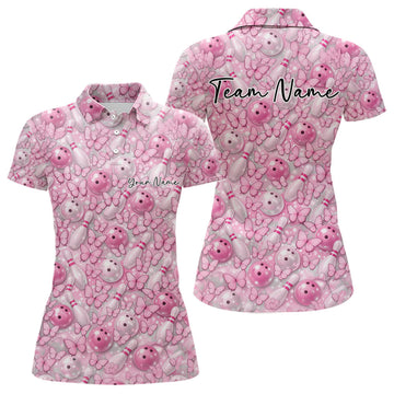 Custom Pink Butterfly Bowling Women Polo Shirt, Ladies Bowlers Outfit LM1203