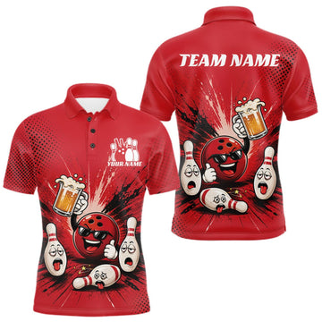 Maxcorners Custom Funny Beer Pitcher Bowling Men Polo Shirt, Red Bowling Party Shirt LM1508