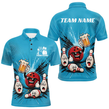 Maxcorners Custom Funny Beer Pitcher Bowling Men Polo Shirt, Blue Bowling Party Shirt LM1508