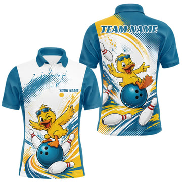 Maxcorners Custom Funny Blue  Duck Bowling Team Men Polo Shirt, Playful Bowling Jersey LM1508