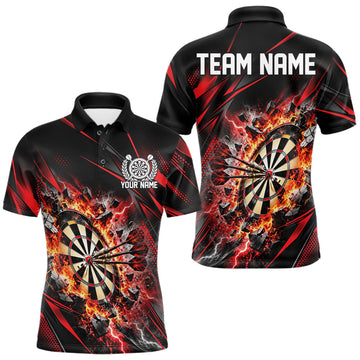 Maxcorners Custom Red Flame And Thunder Lightning Dartboard Matching Dart Team Polo Shirt For Men