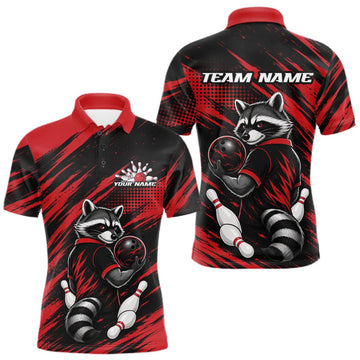 Maxcorners Custom Black And Red Cool Looking Raccoon Bowling Jersey, Funny Bowling Men Polo Shirt LM1508
