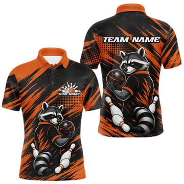 Maxcorners Custom Black And Orange Cool Looking Raccoon Bowling Jersey, Funny Bowling Men Polo Shirt LM1508