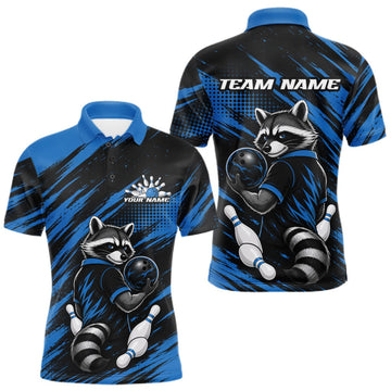 Maxcorners Custom Black And Blue Cool Looking Raccoon Bowling Jersey, Funny Bowling Men Polo Shirt LM1508