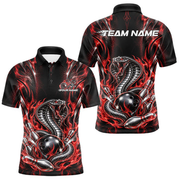 Maxcorners Black And Red Flame Cobra Snake Custom Bowling Men Polo Shirt, Bowling League Shirt