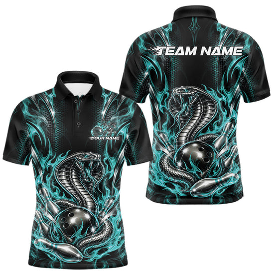 Maxcorners Turquoise Blue Flame Cobra Snake Custom Bowling Men Polo Shirt, Bowling League Shirt
