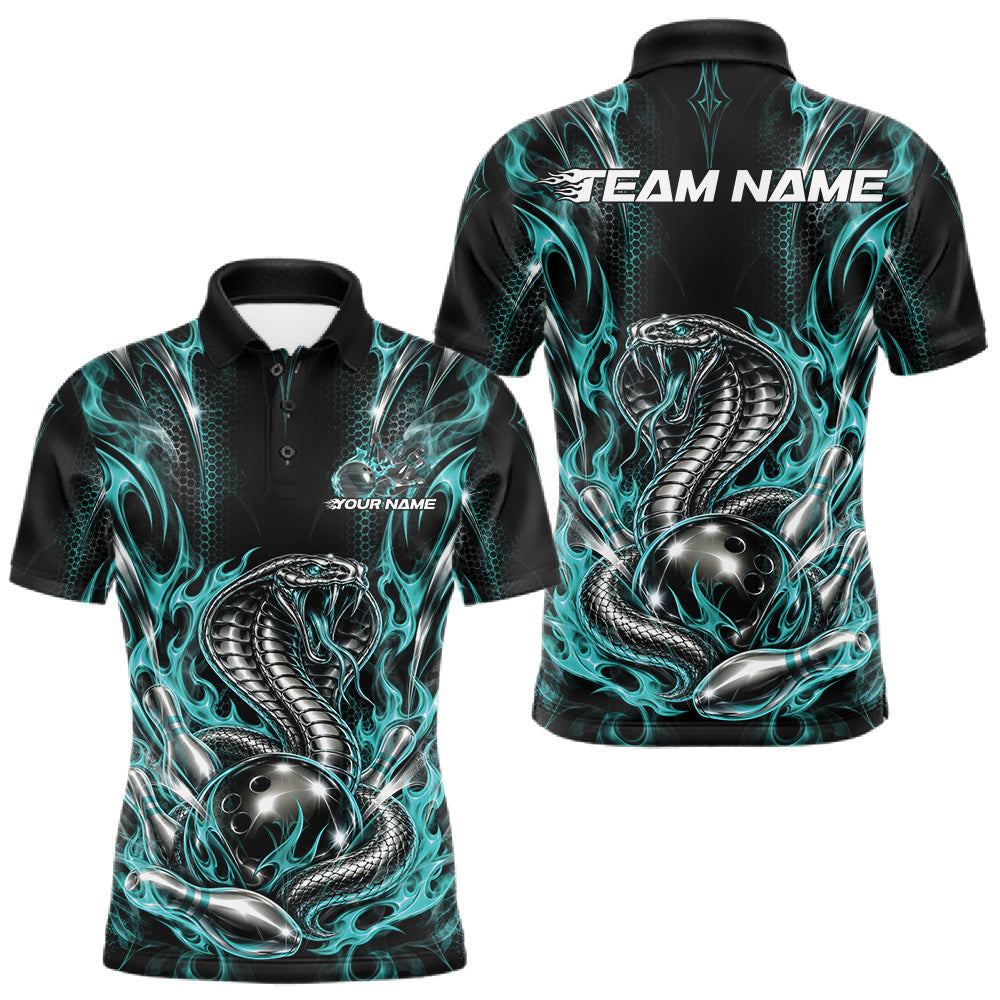 Maxcorners Turquoise Blue Flame Cobra Snake Custom Bowling Men Polo Shirt, Bowling League Shirt