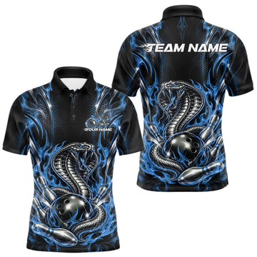 Maxcorners Black And Blue Flame Cobra Snake Custom Bowling Men Polo Shirt, Bowling League Shirt