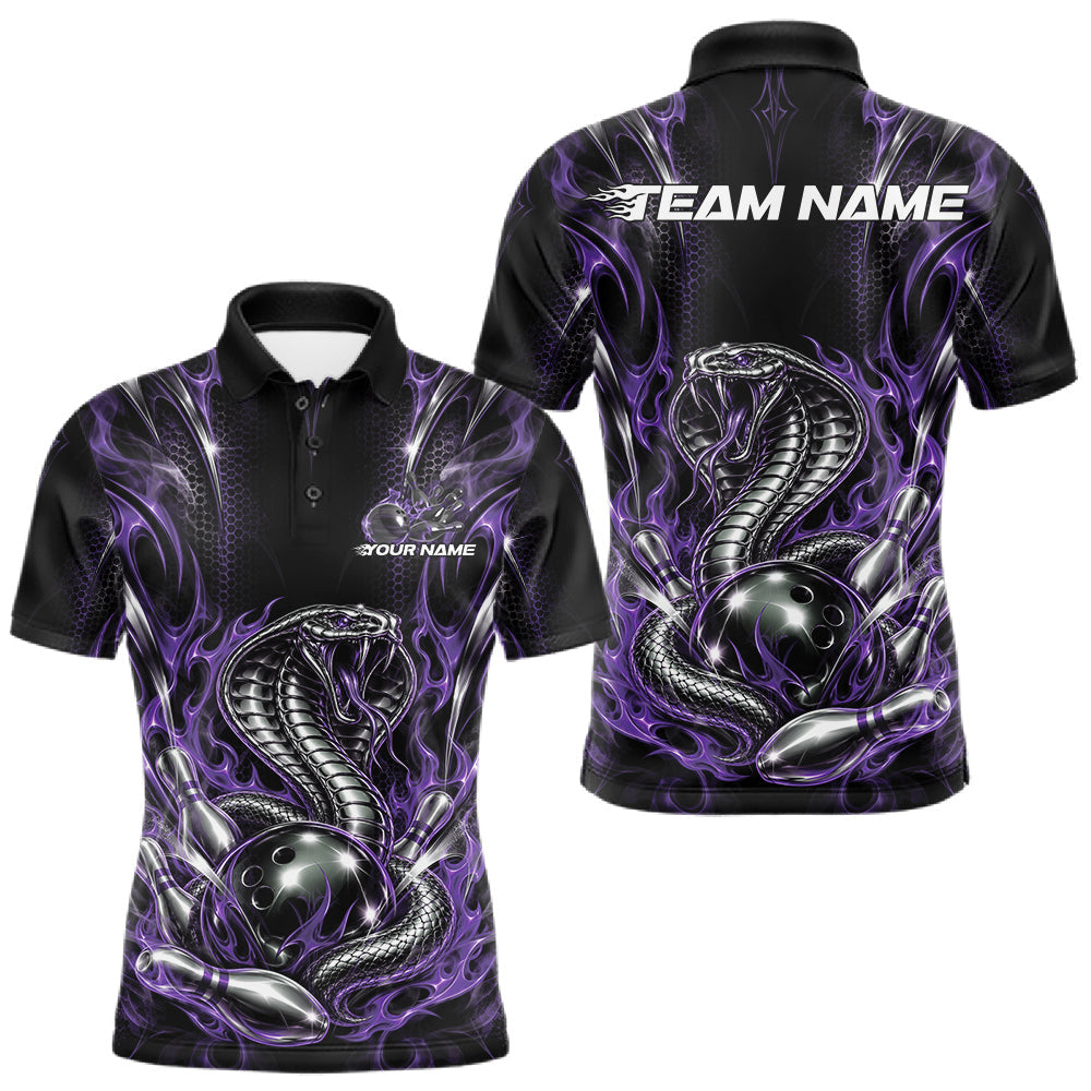 Maxcorners Black And Purple Flame Cobra Snake Custom Bowling Men Polo Shirt, Bowling League Shirt