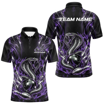 Maxcorners Black And Purple Flame Cobra Snake Custom Bowling Men Polo Shirt, Bowling League Shirt