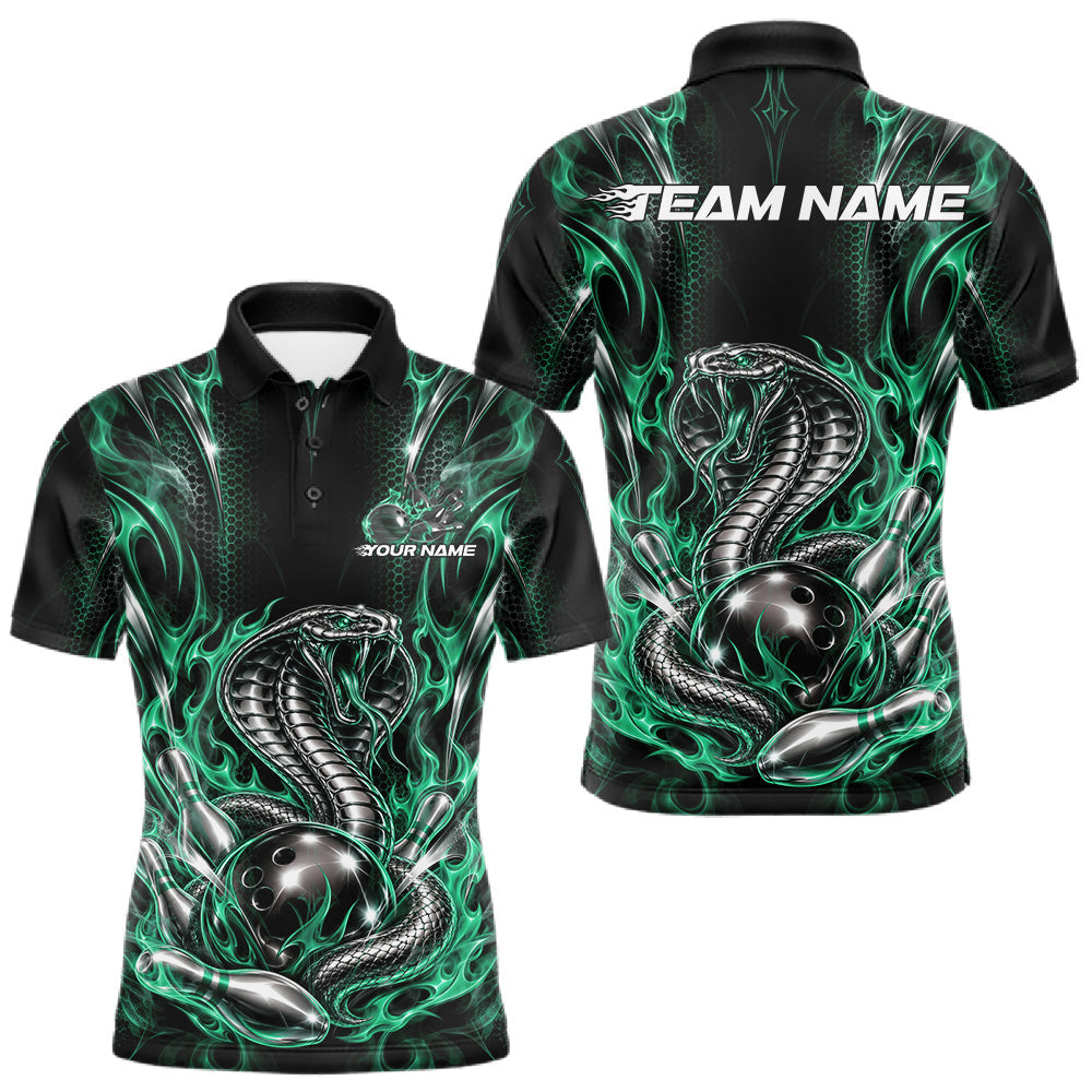 Maxcorners Black And Green Flame Cobra Snake Custom Bowling Men Polo Shirt, Bowling League Shirt