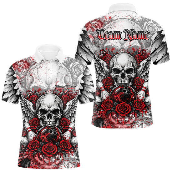 Maxcorners Red Roses And Skull With Wings Custom Bowling Men Polo Shirt, Halloween Bowler Outfit