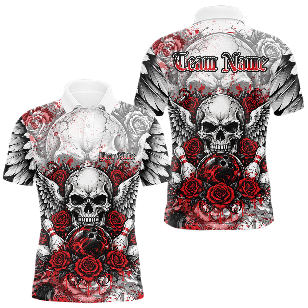 Maxcorners Red Roses And Skull With Wings Custom Bowling Men Polo Shirt, Halloween Bowler Outfit