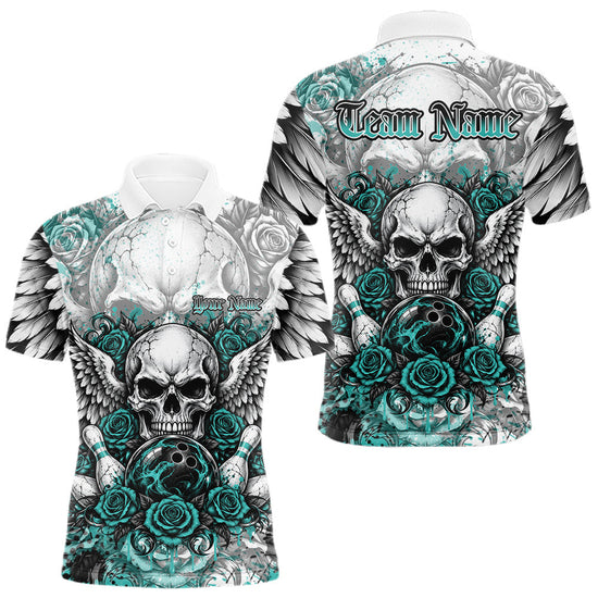 Maxcorners Turquoise Blue Roses And Skull With Wings Custom Bowling Men Polo Shirt, Halloween Outfit