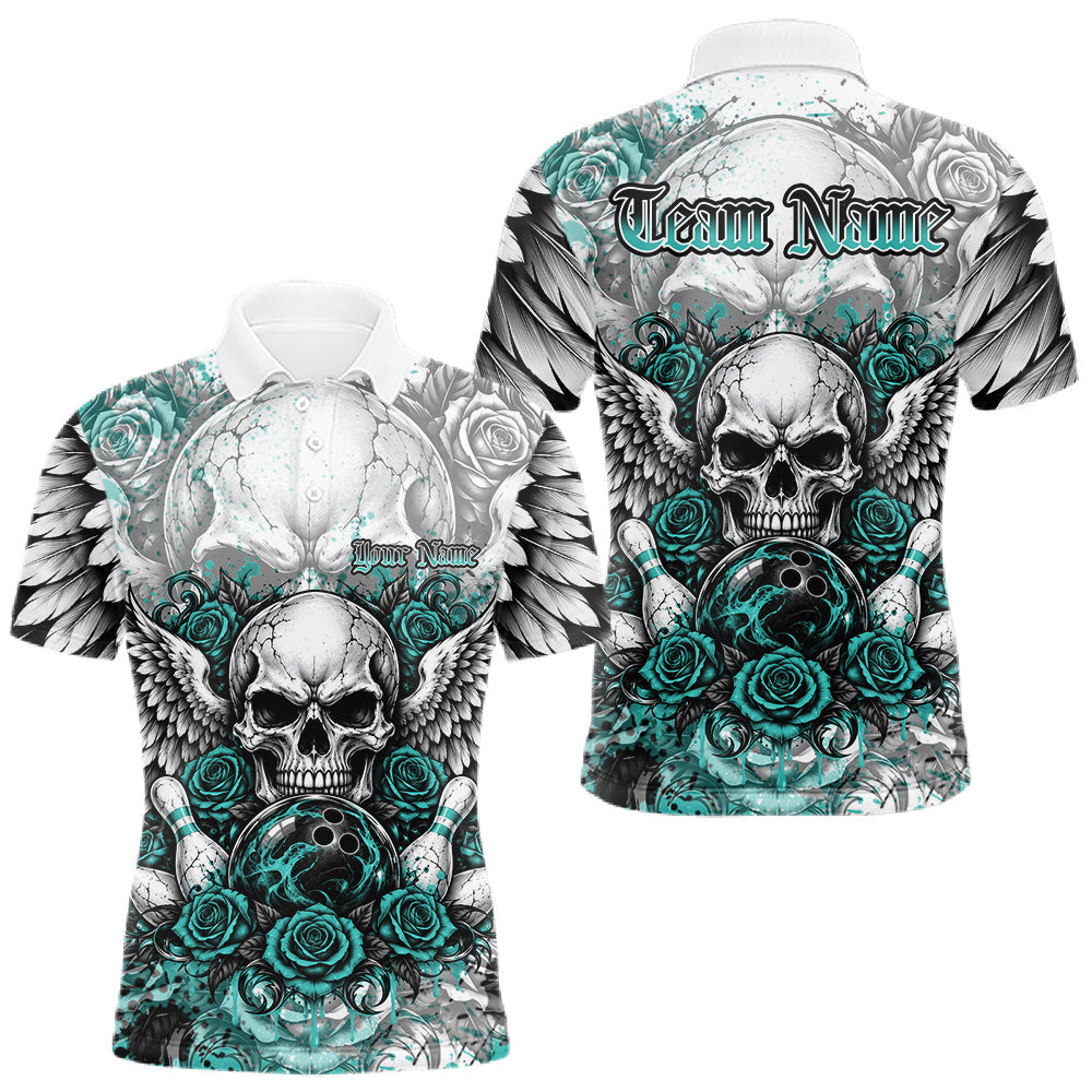 Maxcorners Turquoise Blue Roses And Skull With Wings Custom Bowling Men Polo Shirt, Halloween Outfit