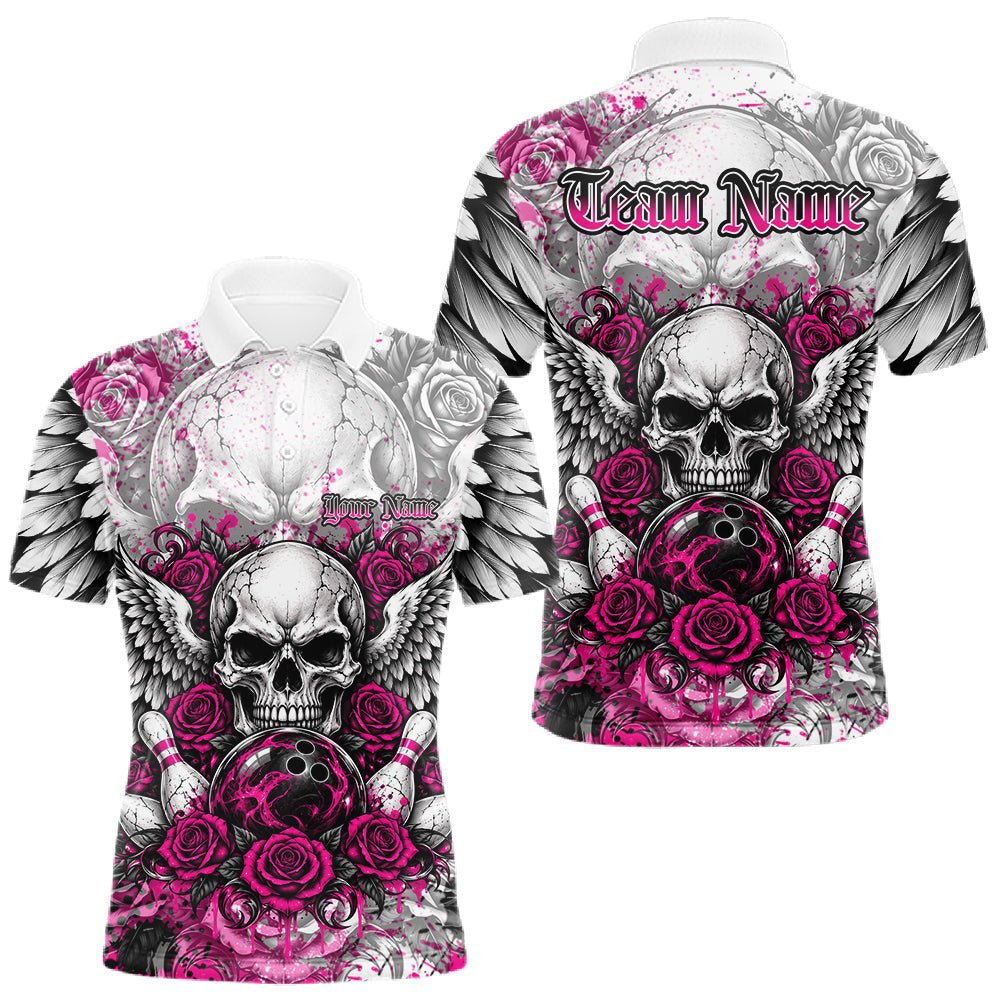 Maxcorners Pink Roses And Skull With Wings Custom Bowling Men Polo Shirt, Halloween Bowler Outfit