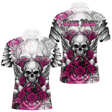 Maxcorners Pink Roses And Skull With Wings Custom Bowling Men Polo Shirt, Halloween Bowler Outfit