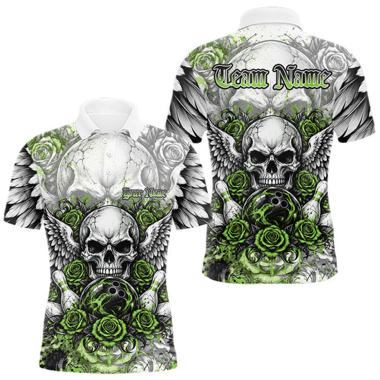 Maxcorners Green Roses And Skull With Wings Custom Bowling Men Polo Shirt, Halloween Bowler Outfit