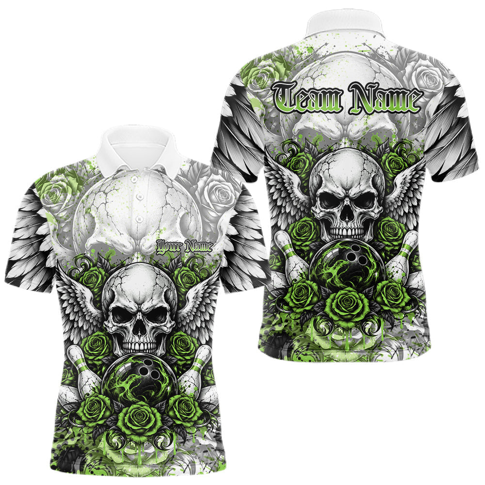 Maxcorners Green Roses And Skull With Wings Custom Bowling Men Polo Shirt, Halloween Bowler Outfit
