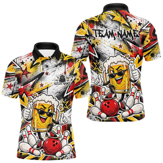 Maxcorners Yellow And Red Graffity Theme Custom Funny Beer Bowling Men Polo Shirt, Team Jersey