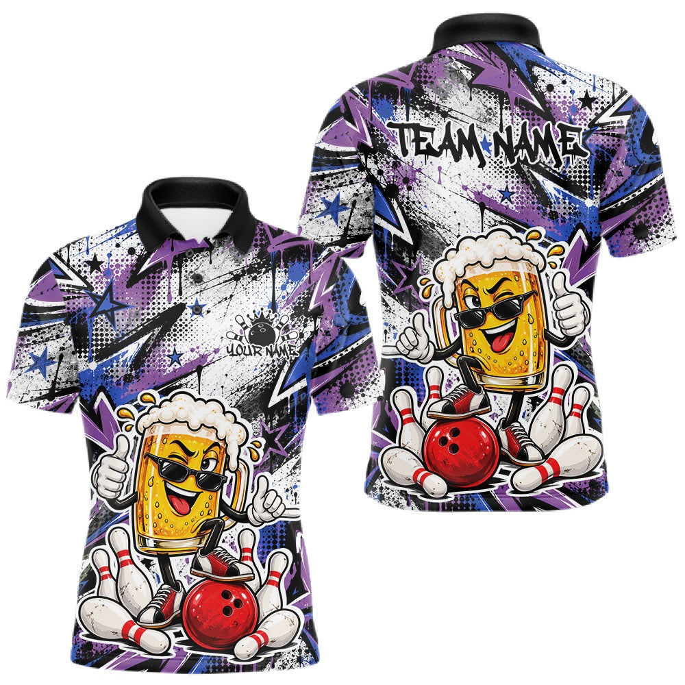 Maxcorners Blue And Purple Graffity Theme Custom Funny Beer Bowling Men Polo Shirt, Team Jersey