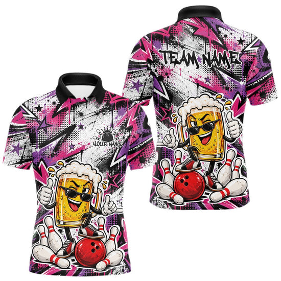 Maxcorners Pink And Purple Graffity Theme Custom Funny Beer Bowling Men Polo Shirt, Team Jersey