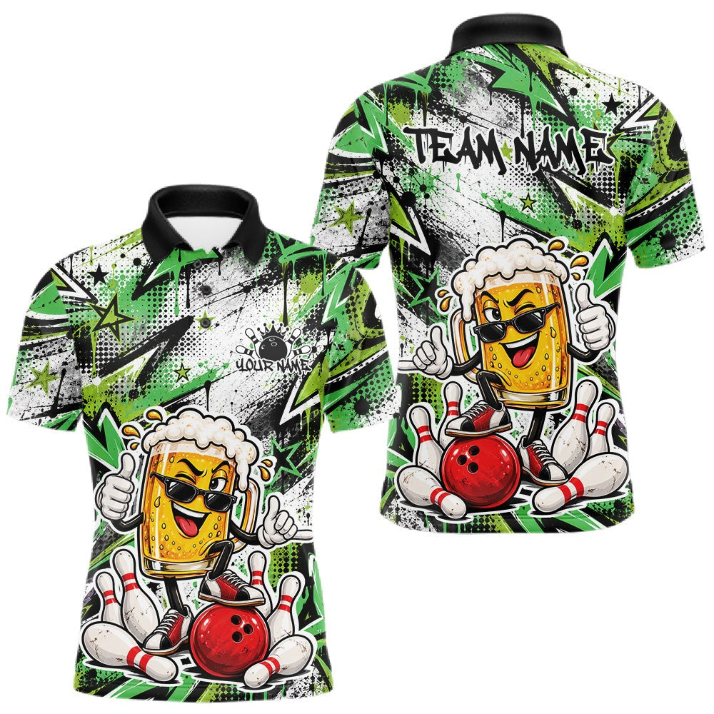 Maxcorners Green Graffity Theme Custom Funny Beer Bowling Men Polo Shirt, Team Jersey