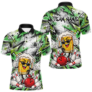 Maxcorners Green Graffity Theme Custom Funny Beer Bowling Men Polo Shirt, Team Jersey
