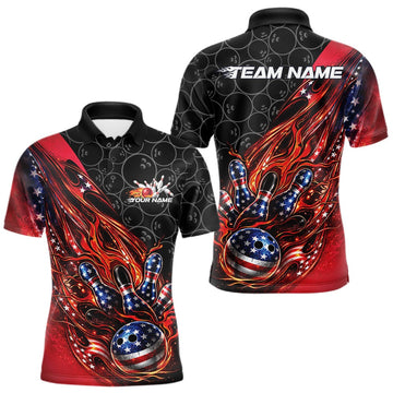 Maxcorners Custom Patriotic Flame Bowling Shirts, American US Flag Bowling Team Jerseys Freedom 4Th Of July Bowling Shirt LM1501