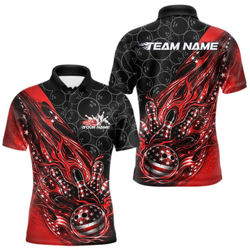 Maxcorners Custom Patriotic Red Flame Bowling Shirts, US Flag Bowling Team Jerseys Freedom 4Th Of July Bowling Shirt LM1501