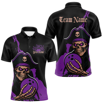 Maxcorners Custom Black And Purple Pirate Bowling Men Polo Shirt, Pirate Bowling Team Jerseys LM2602