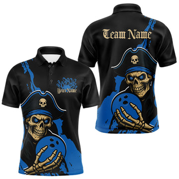 Maxcorners Custom Black And Blue Pirate Bowling Men Polo Shirt, Pirate Bowling Team Jerseys LM2602