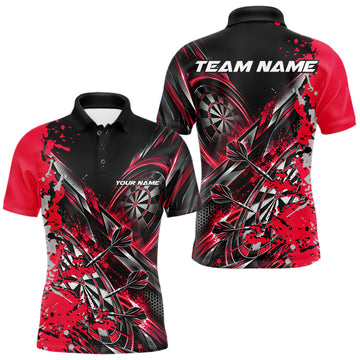 Maxcorners Custom Black And Red Splatter Dart Team Men Polo Shirt, Dart League Jersey