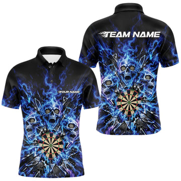 Maxcorners Custom Blue Flame Skull Dart Men Polo Shirt, Break Glass Shard Dart Outfit LM1910