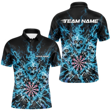 Maxcorners Custom Cyan Blue Flame Skull Dart Men Polo Shirt, Break Glass Shard Dart Outfit LM1910